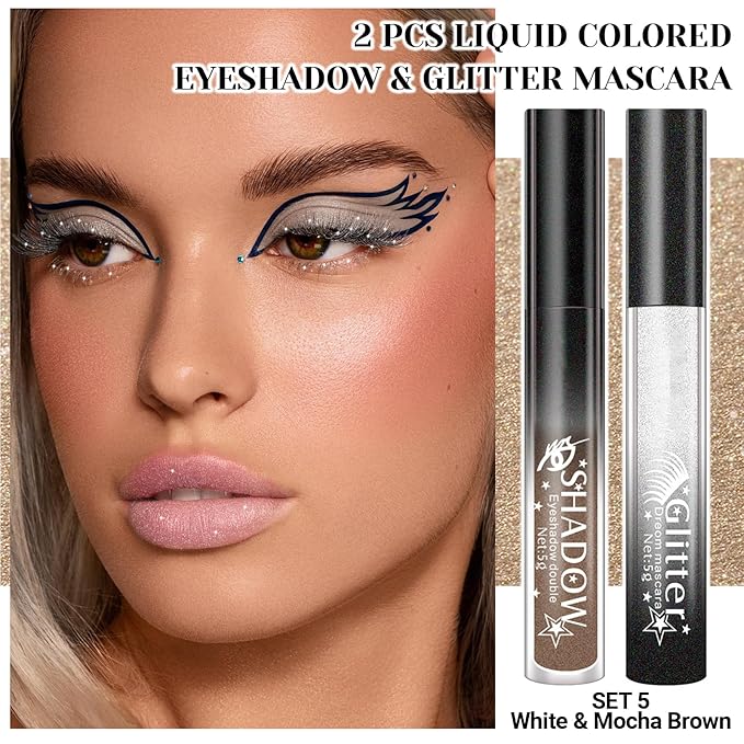 2 Pcs Glitter Mascara & Shimmer Liquid Eyeshadow Set, Long Lasting Waterproof, Shiny Diamond Eye Makeup for Party Dazzling Looks, Metallic Eye Shadow Lipstick Makeup #Set5(White+Mocha Brown)