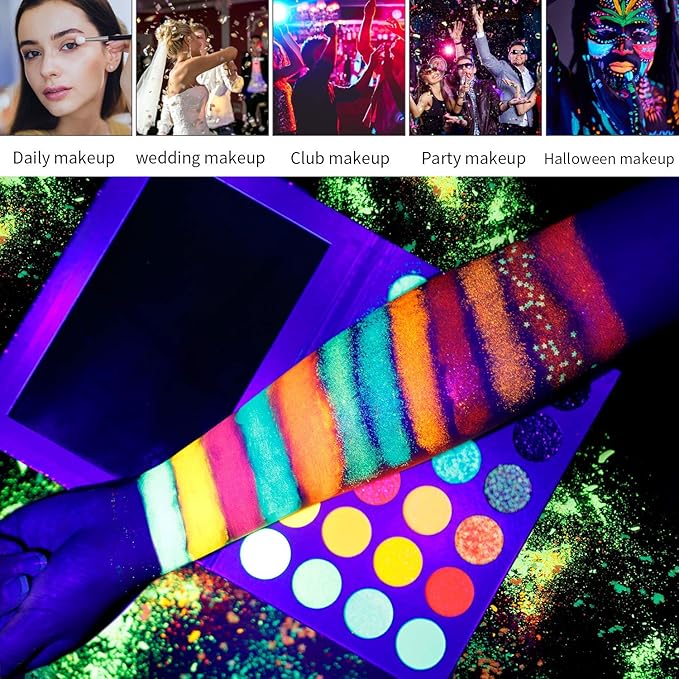 DE'LANCI Neon Eyeshadow Palette Glow in the Dark and SFX Makeup Metallic Powder,Halloween Christmas Makeup Kit UV Blacklight Matte Glitter Eye Shadow+Good Coverage Metal Powder Set for 3-4 People