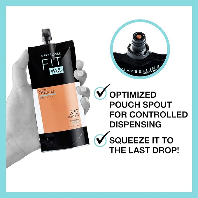 Maybelline New York Fit Me Matte + Poreless Liquid Foundation, Pouch Format, 102 Fair Porcelain, 1.3 Ounce