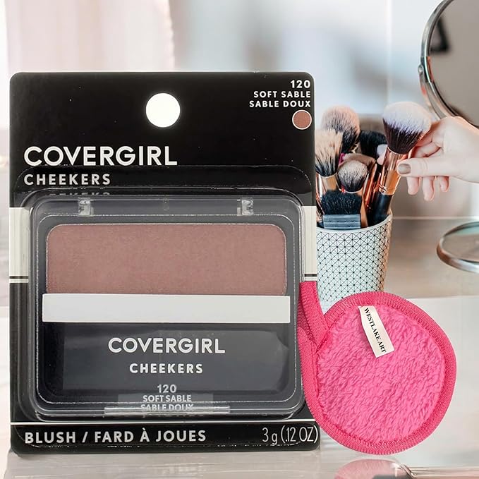 Soft Sable 120 Cheekers Blush, Bundled With Makeup Cleansing Cloth - Real Radiant Powder Blush For Cheeks, Face Makeup Enhancer, Portable Mini-Compact Cheek Blush (Pack of 4)