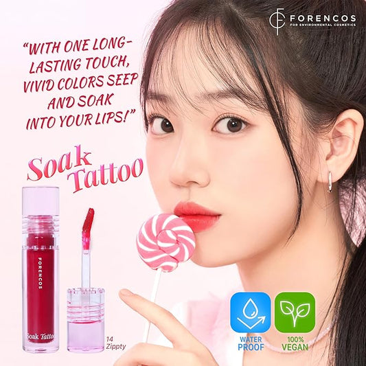 FORENCOS Soak Vegan Lip Tint/Stain, Water Gel Formula, Weightless & Non-sticky Finish, Vivid Color, Smudge-proof, Cruelty-Free, Korean Makeup, Waterproof, 0.11 oz (14 Zippy)