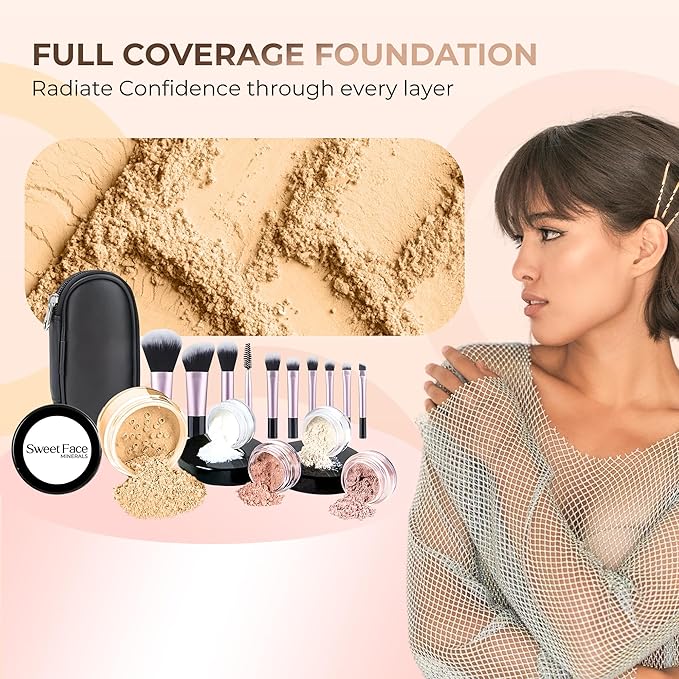 16pc STARTER KIT with 10 BRUSHES SET (BEIGE) Mineral Makeup Bare Face Loose Powder Includes Matte Foundation, Veil Primer, Blush, Bronzer, Translucent Finishing Setting Powder SPF 30 Travel Size