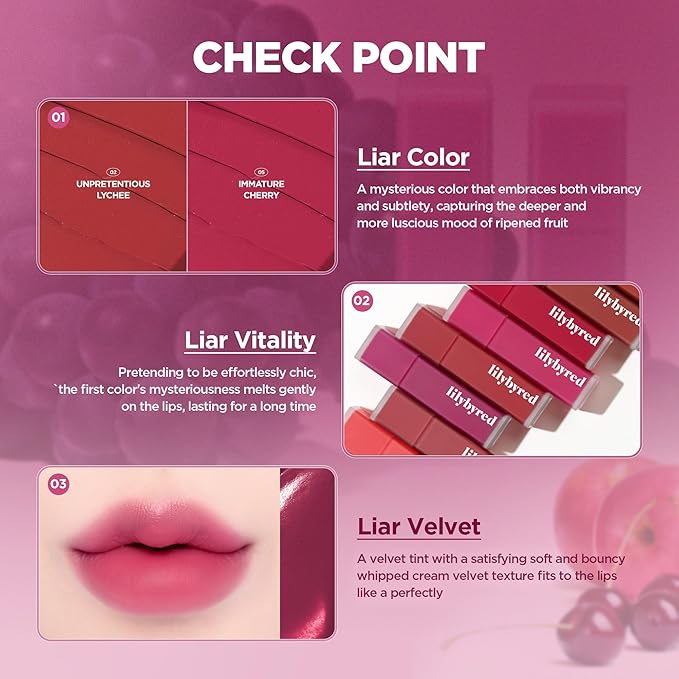lilybyred Mood Liar Velvet Tint | Korean Moody Matte Lip Stain, Creamy Velvet Texture, Blurring Soft-Focus Effect, Highly Pigmented, Smudge-Proof, Long-Lasting, 0.14 oz. (05 Immature Cherry)