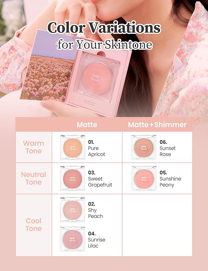 MILKTOUCH Touch My Cheek in Bloom Blush Sunshine Peony | Face Blushes Compact Powder Makeup | Oil Absorbing Powder Compact | For Oily Skin Korean Blush (0.18 oz)