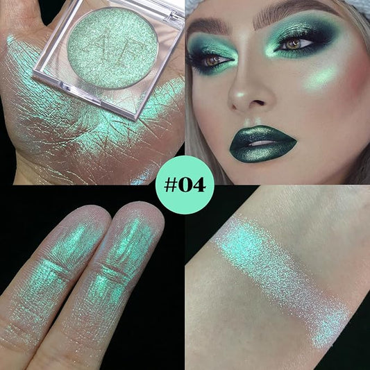 Highlighter Makeup Palette, Long Lasting New Formula, Dazzling Green-Silver Shimmer, Sheer Base, Ideal for Face and Body Contour and Cheek Highlight (#04)