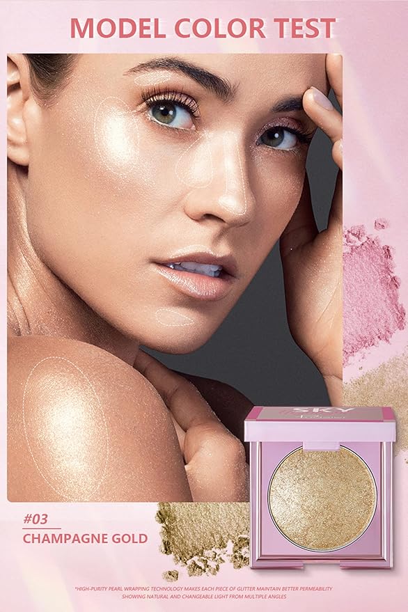 MAEPEOR Face Highlighter Palette 8 Colors Shimmer Glitter Pearl Highlighter Powder Sparkly Diamond Highlighting Palette for Face Cheek (03 Champagne Gold)
