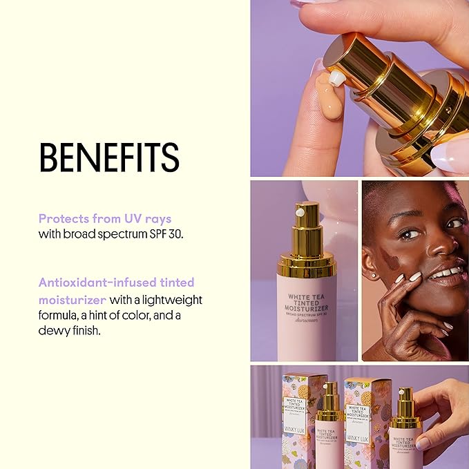 Winky Lux White Tea Tinted Moisturizer SPF 30 Sunscreen, Tinted Moisturizer for Face with SPF, Makeup SPF 30 Face Moisturizer with Vitamin E, Deep Plus