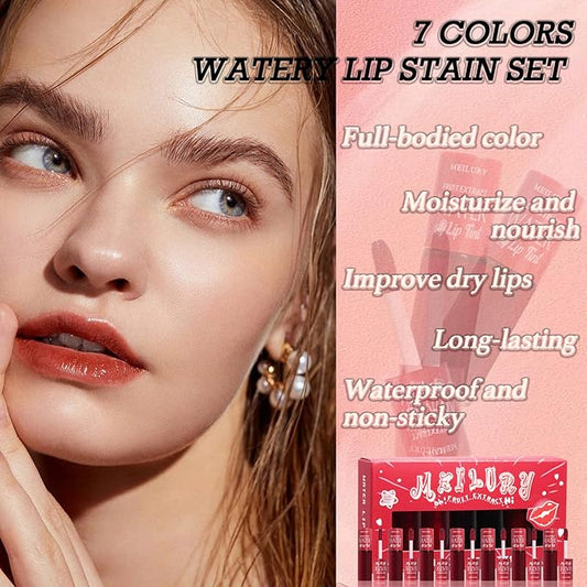 7 Colors Lip Tint Stain Set,Mini Moisturizing Liquid Lipstick,Multi-functional Lip and Cheek Stain,Plumping and Hydrating Lip Gloss,Long-lasting Non-sticky,Waterproof Korean Water Lip Tint.