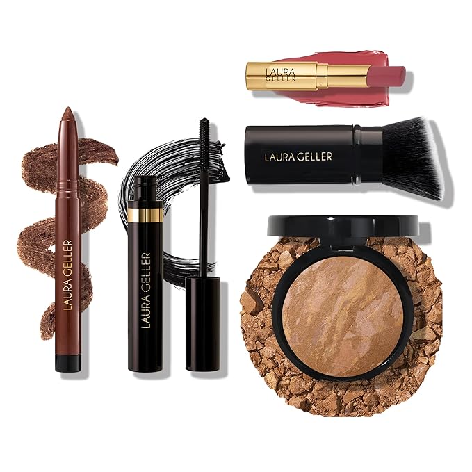 Finishing Touches Kit: Baked Balance-n-Brighten Powder Foundation, Sand + Airbrush Kabuki + Jelly Balm Tinted Lip Balm, Figger Than Life + Kajal Eyeliner, Dark Brown + Kajal Mascara