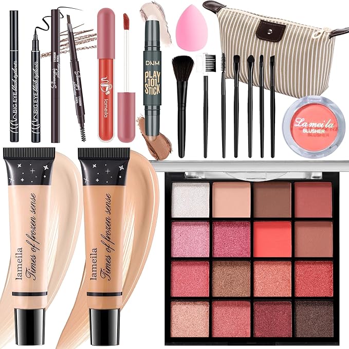 Makeup Set for Girls Teens Women, Full Face Makeup Kit, Travel Makeup Kit, Makeup Present Set, Eyeshadow Foundation, Blusher Counter Stick, Pencil Eyeliner Lip Gloss, Makeup Brushes Sponge Bag