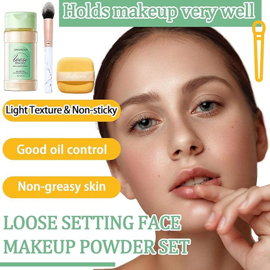Loose Setting Face Makeup Powder Set,Lightweight Silky Mineral Loose Setting Powder Set with Makeup Brush & Foundation Face Makeup Puffs Set for Women(3PCS)