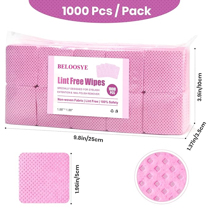 1000 PCS Lint Free Nail Wipes, Eyelash Extension Glue Wipes, Super Absorbent Soft Non-woven Fabric Nail Polish Remover Wipes, Cleaning Pad Cloth for Lash Extension Supplies & Nail Polish Bottle(Pink)