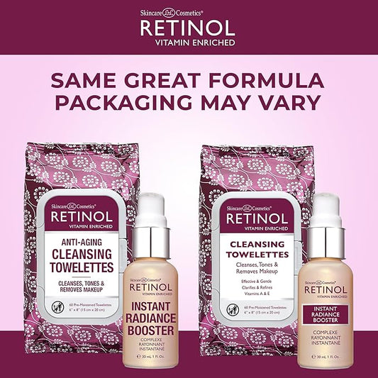 Retinol Instant Radiance Booster - Provides A Burst of Anti-Aging Hydration and Radiance + Retinol All in One Anti-Aging Cleansing Towelettes