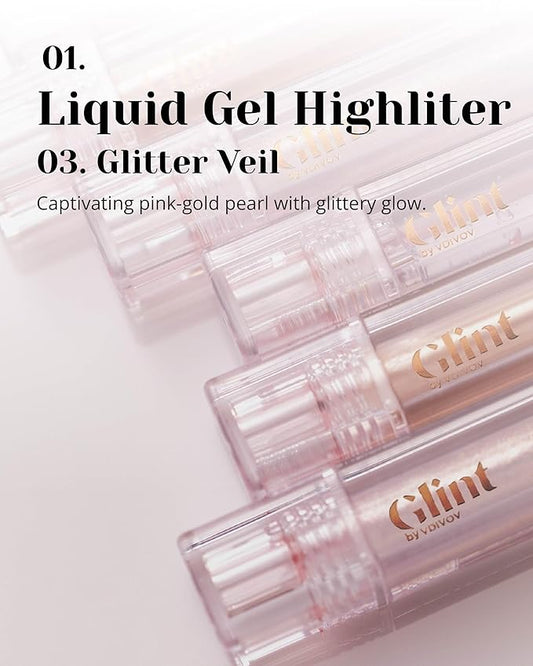 Glint Liquid Gel Highlighter (Glitter Veil, 0.1oz) - Multi-Use Face & Body Gloss for Smooth Glow, Long-Lasting Illuminator Balm for Healthy Radiance. Korean Makeup. Eyes, Cheeks