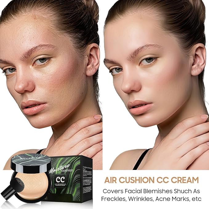 Mushroom Head Air Cushion CC Cream Foundation- Brightening Color Changing Foundation for Older Women, Moisturizing Full Coverage Self Adjusting Concealer Long-Lasting, Natural Finish (Buff Beige)