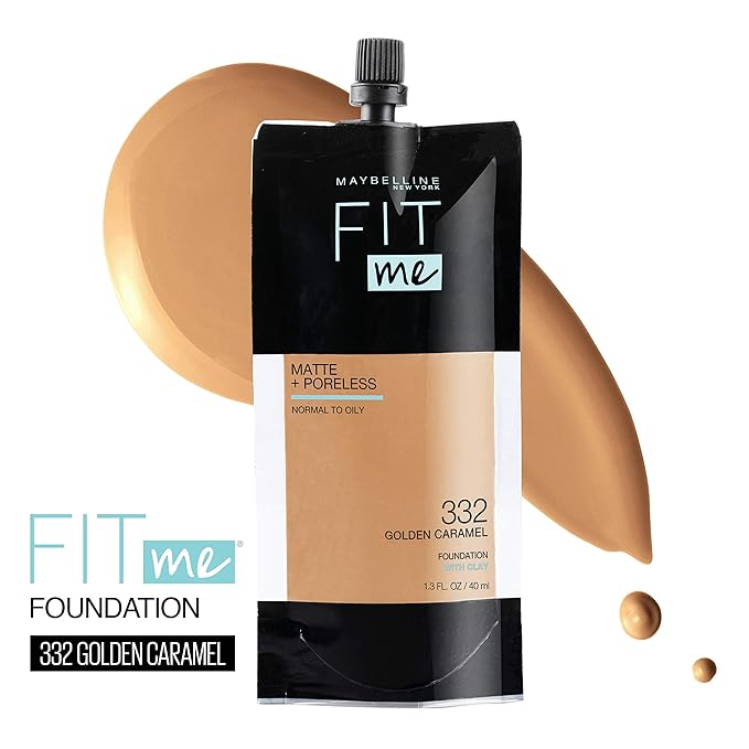 Maybelline New York Fit Me Matte + Poreless Liquid Foundation, Pouch Format, 332 Golden Caramel, 1.3 Ounce
