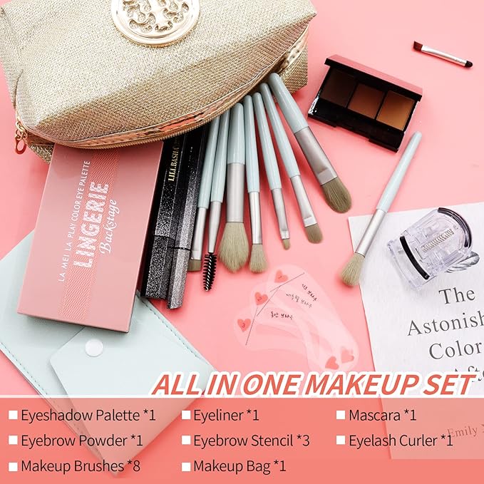 All in One Makeup Kit for Women,15 Color Eye Shadow Makeup Plattete,Waterproof Eyeliner Mascara,3 Color Eyebrow Powder,Eyebrow Stencils,Eyelash Curler,8 Makeup Brushes,Gold/Black Sequin Cosmetic Bag