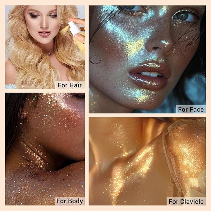 Face Liquid Highlighter Shimmer Body Spray for Hair and Skin, Luminizer Glow Spray for Face, Moisturizing Bronze Shimmer Illuminator (G, Standard)