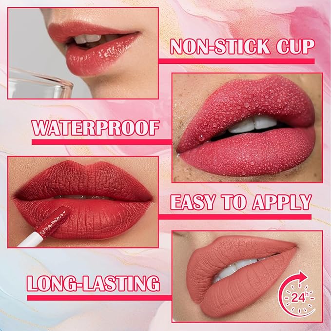 6 Colors Lip Tint Stain Set,Mini Liquid Lipstick Moisturizing Long Lasting Plumping High Pigmented Lip Gloss Set,Lightweight Non-Stick Cup Matte Lipstick for Waterproof Cheek and Lip Tint Makeup B