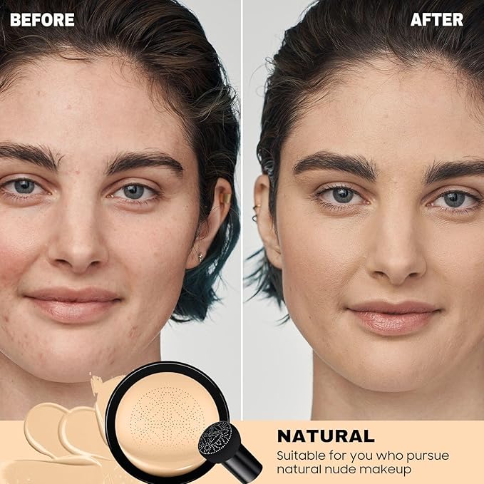 Mushroom Head Air Cushion CC Cream - Long-Lasting & Brightening BB Cream Foundation for Mature Skin, Waterproof & Moisturizing Full Coverage Self Adjusting Concealer for Even Skin Tone (Natural)