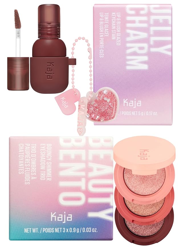 Kaja Lip & Blush Glazed Keychain Stain - Jelly Charm 06 Mocha Glaze + Beauty Bento Collection - Bouncy Eyeshadow Trio 02 Orange Blossom, 0.03 Oz Bundle