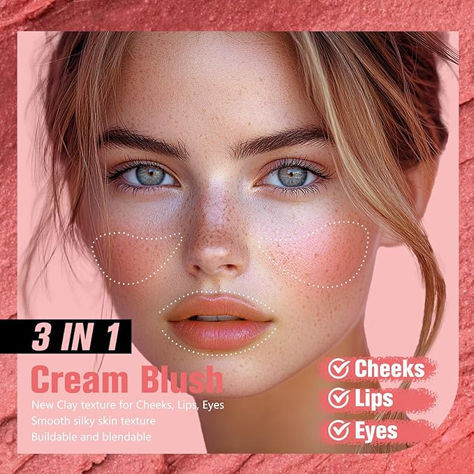 Heart-Shaped Cream Blush for Cheeks & Lips β 2-in-1 Tinted Lip and Cheek Balm Kit with Mini Brush β Blendable Dewy Blusher Makeup for Women, Portable Compact for Travel & On-the-Go Touch Ups 02