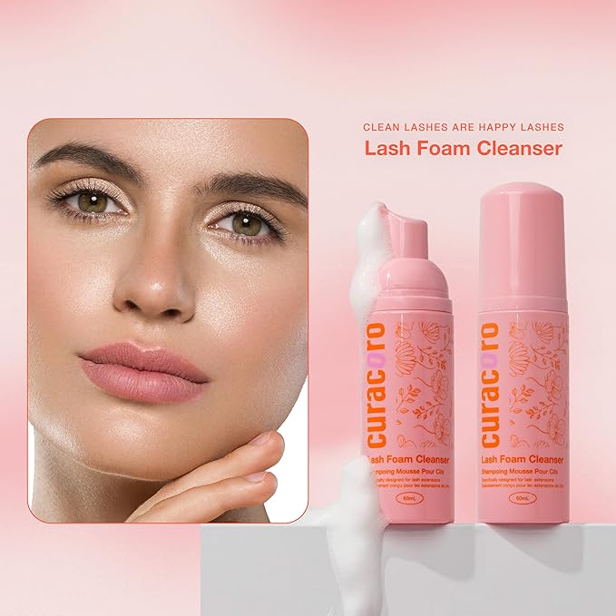 Curacoro 60ML Eyelash Extension Cleanser - Lash Shampoo for Lash Extensions, Eyelash Extension Foam Cleanser for Dry & Sensitive Skin, Gently Removes Waterproof Makeup for Professional & Home Use