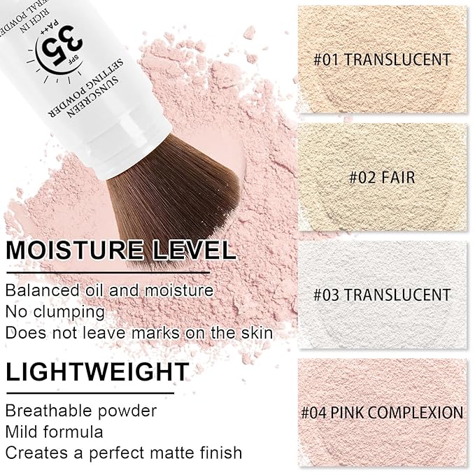 Mineral Sunscreen Setting Powder, SPF 35 Translucent Loose Powder for Face & Scalp, Mineral Brush Powder, Oil Control Natural Matte Finish, Lasting Lightweight Breathable(#04 Pink Complexion)