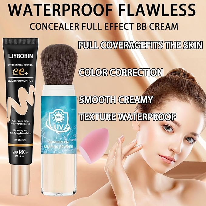 Hydrating CC Cream with Makeup Sponge,Waterproof Flawless Concealer Full Coverage BB Cream and Loose Setting Powder,Long Lasting Full Coverage Liquid Foundation for Men & Women(2 Pcs)