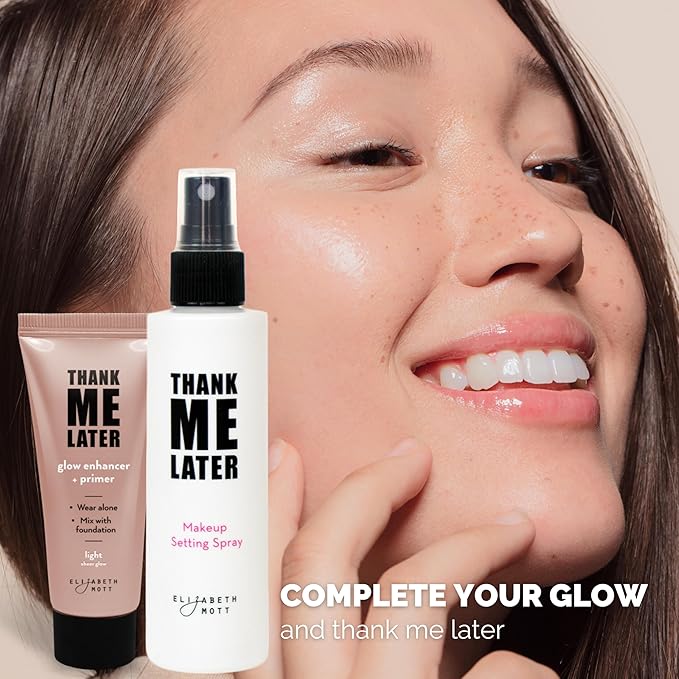 Elizabeth Mott Thank Me Later Glow Enhancer & Primer – Dermatologist & Allergy Tested – Illuminating Makeup Base & Highlighter for a Natural Glow – Vegan, Cruelty-Free - Light Sheer Glow Shade, 30g