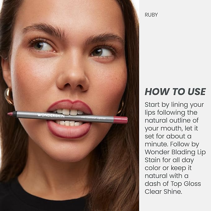 Wonderskin 360 Contour Lip liner (Ruby), Long lasting and Waterproof with Lip Rehab Serum Oil (Clear) for Hydrating and Moisturizing Lips