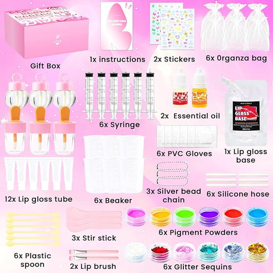 DIY Lip Gloss Making Kit 74 PCS, Pink Kids Lip Gloss Supplies Set Beginner, Fun Craft Set Moisturizing Base, Birthday Gift Set for Girls, Kids, Teenagers, Women