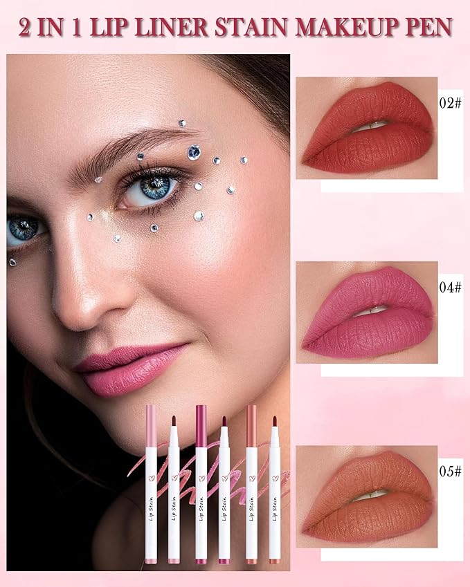 Lip Liner Stain Mark Pen-3Pcs Pink Rose Red Liquid Lip Stain Tint,Longlasting Waterproof Quick Dry Lipstick Lipcolor,Precise Chisel Tip Smooth Lip Gloss Pencil,Lip Makeup Lipstain Pen for Women-SetB