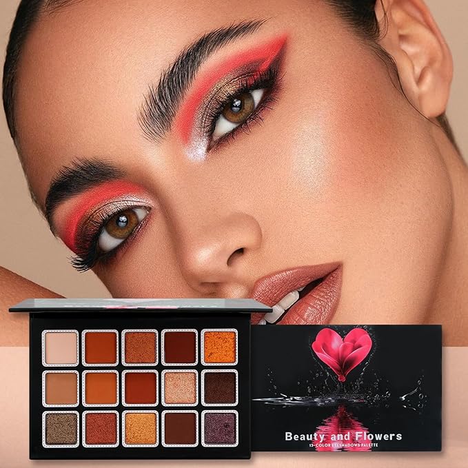 15 Colors Eyeshadow Palette Matte Shimmer Glitter, Highly Pigmented Eye Makeup, Warm Neutral Brown Red Shades, Blendable & Waterproof Eye Shadow Kit for Daily Wear, Smokey, Glam & Party Looks
