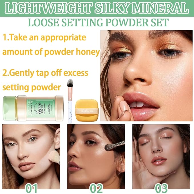 Loose Setting Face Makeup Powder Set,Lightweight Silky Mineral Loose Setting Powder Set with Makeup Brush & Foundation Face Makeup Puffs Set for Women(3PCS)