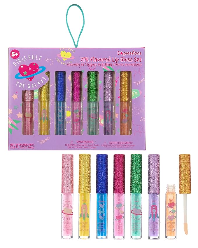 Expressions 7pc Girls Rule The Galaxy Lip Gloss Collection For Girls Teens & Women, Flavored Lip Gloss Glitter Lip Kit Party Favors