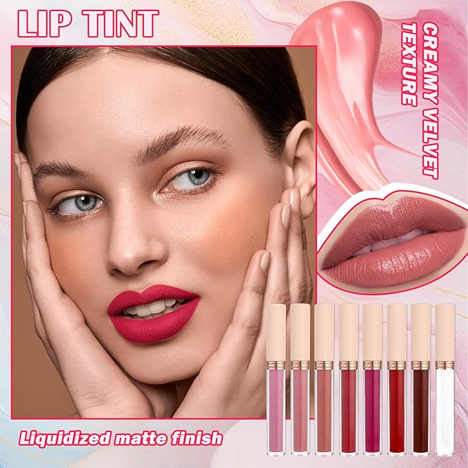 8 Colors Lip Tint Stain Set,Mini Liquid Lipstick Moisturizing Long Lasting Plumping High Pigmented Lip Gloss Set,Lightweight Non-Stick Cup Matte Lipstick for Waterproof Cheek and Lip Tint Makeup