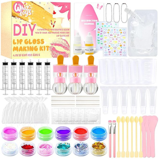 DIY Lip Gloss Making Kit 74 PCS, Yellow Kids Lip Gloss Supplies Set Beginner, Fun Craft Set Moisturizing Base, Gift for Girls, Kids, Teenagers, Women