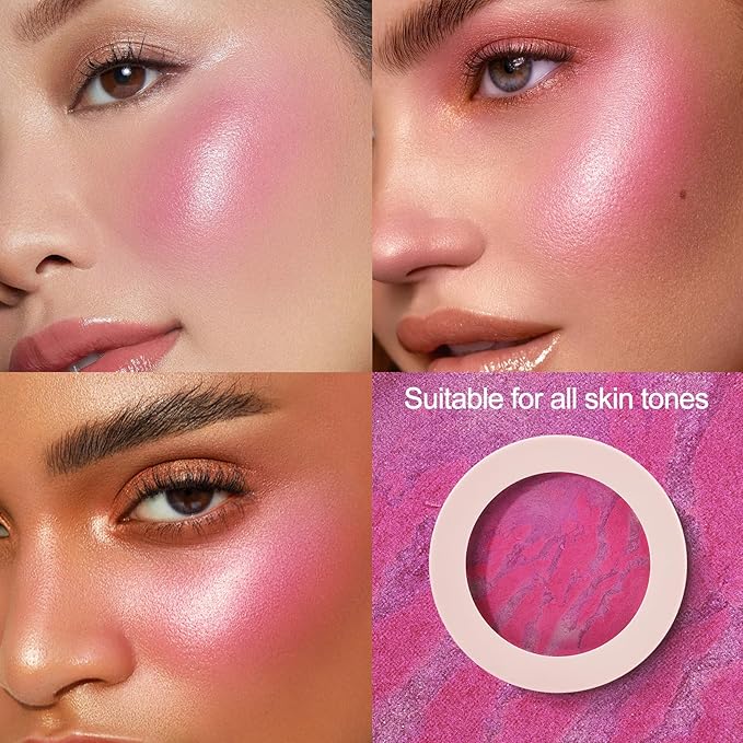 Baked Blush for Cheeks, 2 in 1 Powder Blush Palette and Highlighter, Contouring Shimmer Natural Makeup All Day Wear