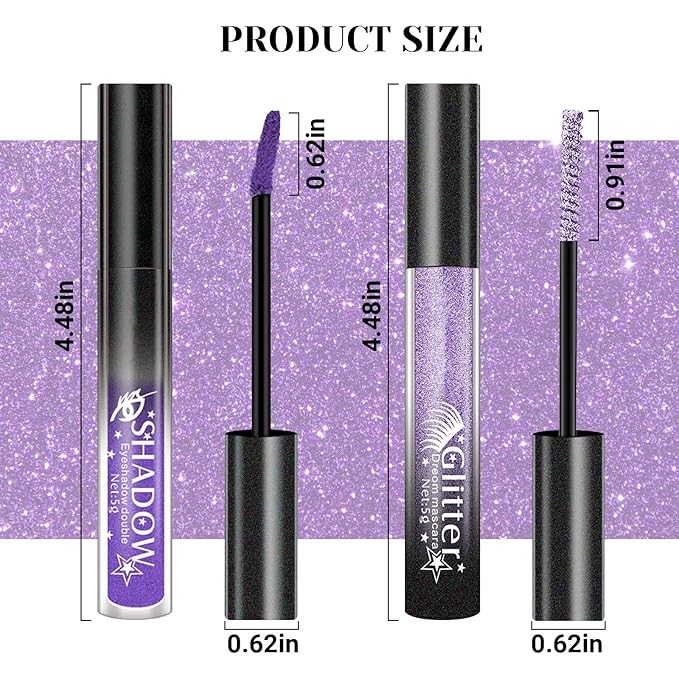 2 Pcs Glitter Mascara & Shimmer Liquid Eyeshadow Set, Long Lasting Waterproof, Shiny Diamond Eye Makeup for Party Dazzling Looks, Metallic Eye Shadow Lipstick Makeup #Set4(Purple+Purple)