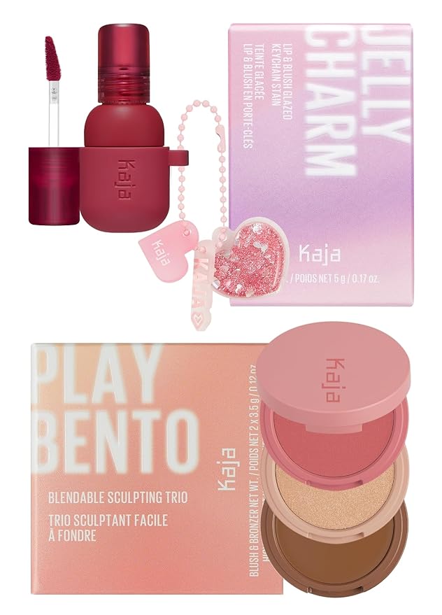 Kaja Lip & Blush Glazed Keychain Stain - Jelly Charm 02 Squeeze Guava + 3-in-1 Blendable Sculpting Trio - Play Bento 02 Cloud Latte Bundle
