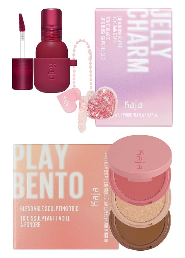 Kaja Lip & Blush Glazed Keychain Stain - Jelly Charm 01 Cherry Spritz + 3-in-1 Blendable Sculpting Trio - Play Bento 02 Cloud Latte Bundle