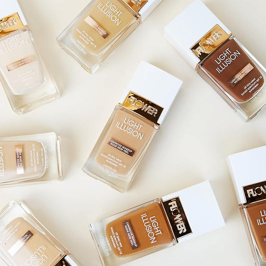 FLOWER BEAUTY By Drew Barrymore Light Illusion SPF Foundation - Blendable + Buildable - Natural Finish - Lightweight Formula (Mocha)