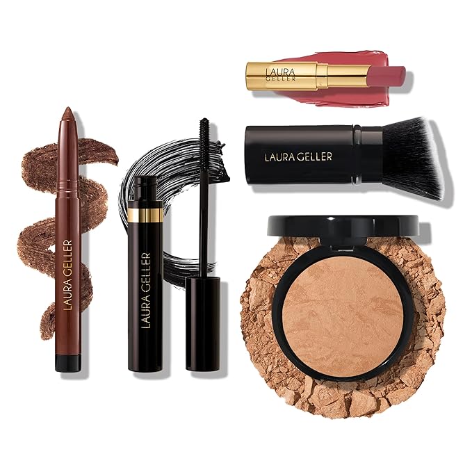 Finishing Touches Kit: Baked Balance-n-Brighten Powder Foundation, Golden Medium + Airbrush Kabuki + Jelly Balm Tinted Lip Balm, Figger Than Life + Kajal Eyeliner, Dark Brown + Kajal Mascara