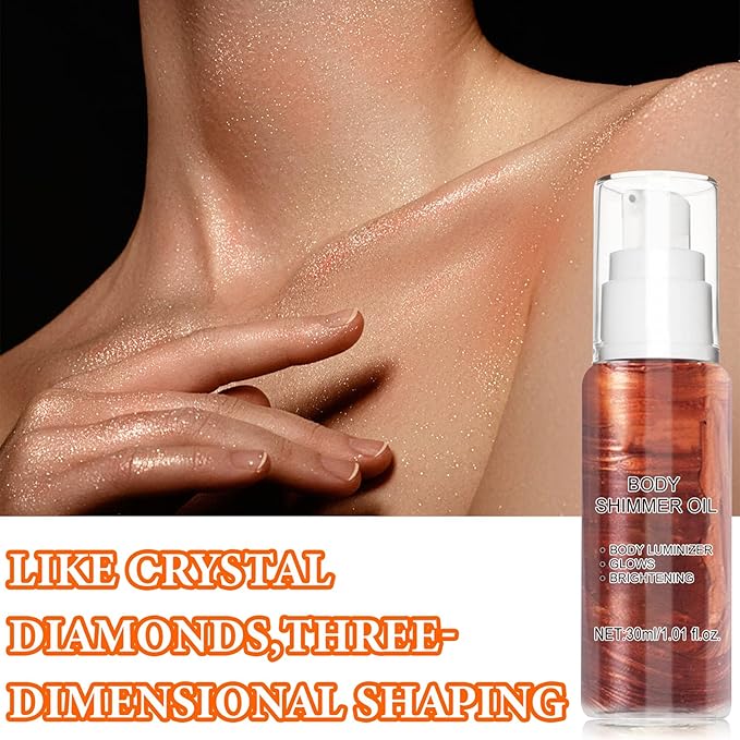 Body Shimmer Oil Luminizer, Face & Body Waterproof Moisturizing Glow Illuminator, Golden Brown Highlighter