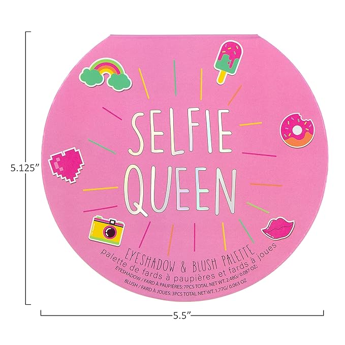Selfie Queen Glisten & Glitter Makeup Palette 10 Color Eyeshadow Palette & Blush Makeup Novelty Beauty Set, Fold Out Compact with Mirror, Washable, Non-Toxic