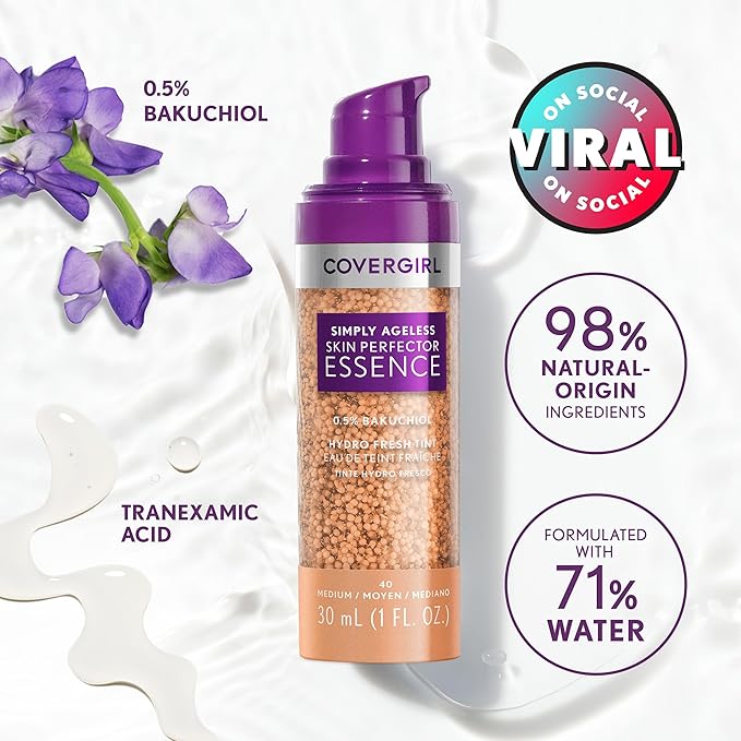 Covergirl Simply Ageless Skin Perfector Essence Foundation, 20 Light, Tinted Skincare Makeup Hybrid, Sheer Tint, Radiant Finish, Glowy Finish, Vegan Formula, 1.0oz