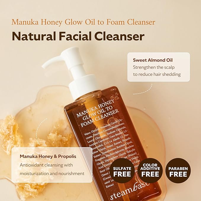 Manuka Honey Glow Oil to Foam | Daily Makeup Remover and Cleanser, Hydrating Foaming Face Wash for Dry Skin, Double Cleanse | Korean Facial Oil Cleanser, 7.27 fl oz