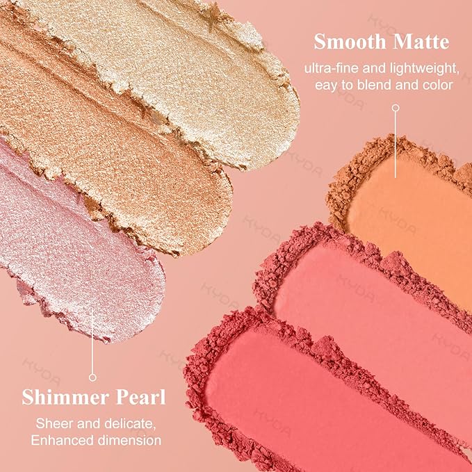 KYDA 6 Colors Blush Palette, Natural Glossy Blush and Highlighter Duo, Buildable Cheek Color, Matte Shimmer Face Blusher Makeup, Lightweight Smooth Powder