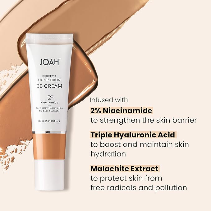 JOAH Beauty Perfect Complexion BB Cream with Hyaluronic Acid and Niaciminade,Korean Makeup with Medium Buildable Coverage,Evens Skin Tone Lightweight Semi Matte Finish Medium with Neutral Undertones